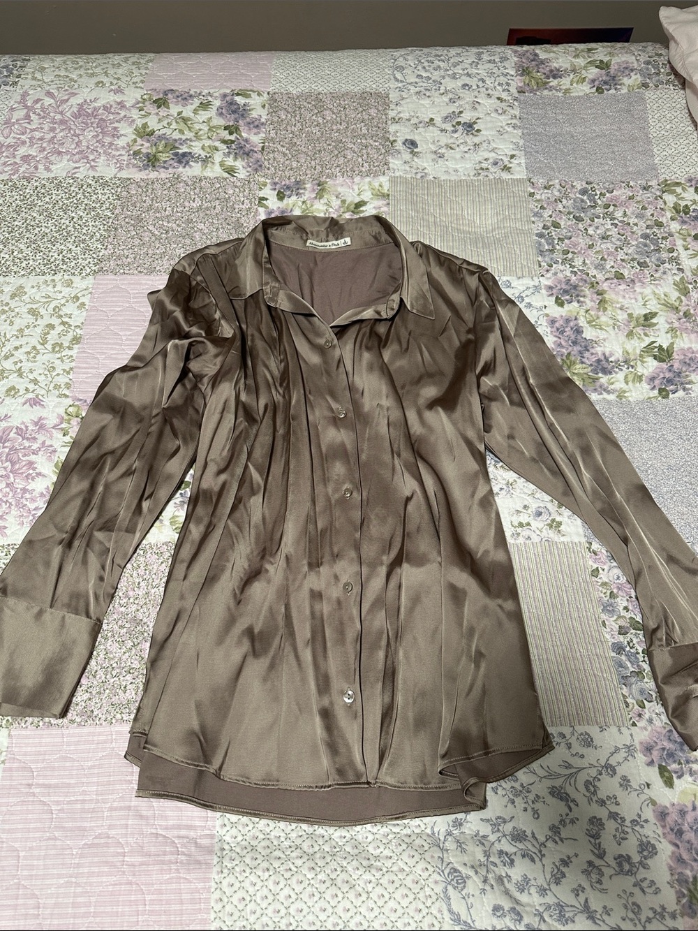 Abercrombie & Fitch Taupe Satin Button-Down Blouse